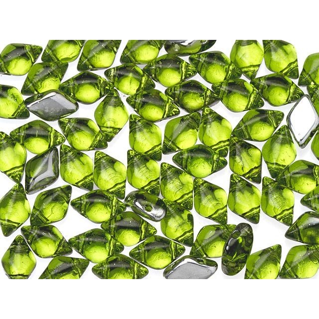 Czech Glass GemDuo, 2-Hole Diamond Shaped Beads 8x5mm, Backlit Olivine (2.5" Tube)