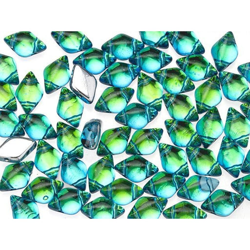 Czech Glass GemDuo, 2-Hole Diamond Shaped Beads 8x5mm, Backlit Aquasol  (2.5" Tube)