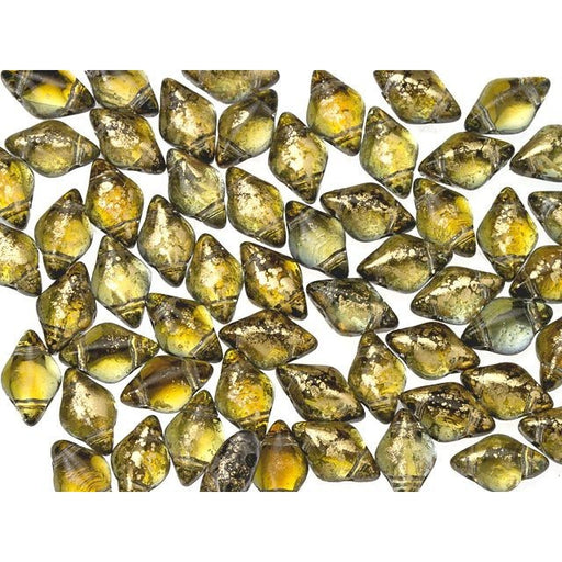 Czech Glass GemDuo, 2-Hole Diamond Shaped Beads 8x5mm, Backlit Menthol/Gold Splash  (2.5" Tube)