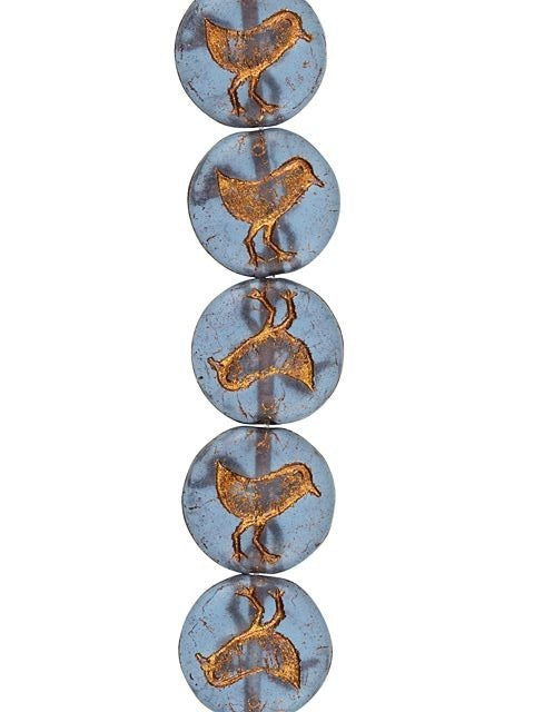 Czech Glass Beads, Coin with Bird 12mm, Montana Blue Transparent Matte with Dark Bronze Wash, by Raven's Journey (1 Strand)