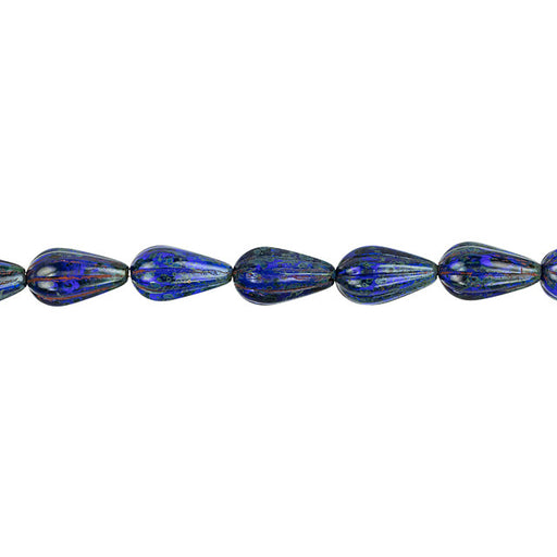 Czech Glass 13 x 8mm Transparent Cobalt Blue Picasso Melon Drop Bead Strand by Raven's Journey