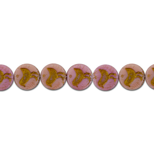 Czech Glass 12mm Pink Silk with Dark Bronze Wash Bird Coin Bead Strand by Raven's Journey