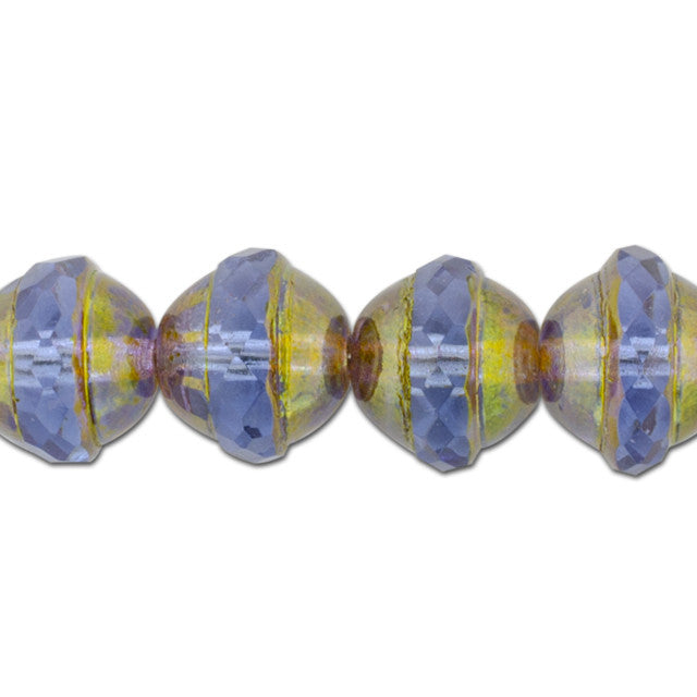 Czech Glass Beads, Saturn 12x10mm, Sapphire Blue Transparent with Antiqued Bronze Finish, by Raven's Journey (1 Strand)