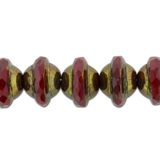 Czech Glass Beads, Saturn 10x8mm, Red Opaline with Antique Bronze Finish, by Raven's Journey (1 Strand)