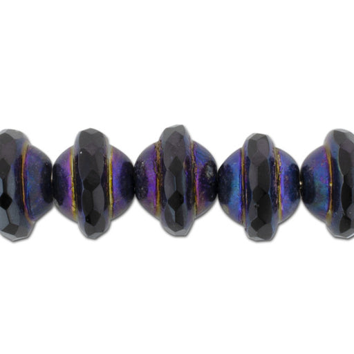 Czech Glass Beads, Saturn 10x8mm, Jet Opaque with Blue/Purple Iris Luster, by Raven's Journey (1 Strand)