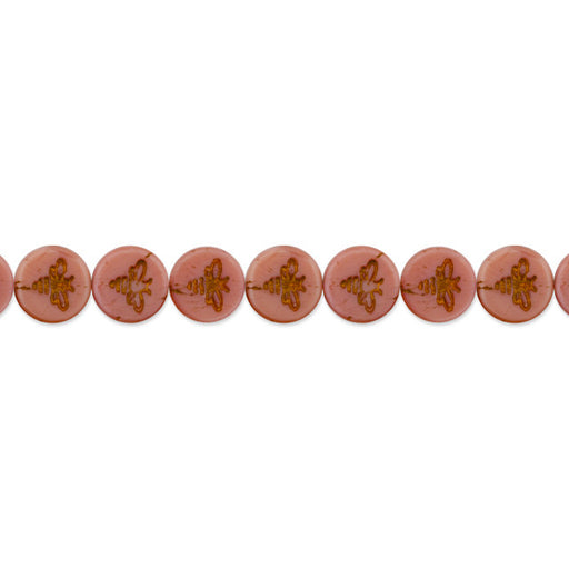 Czech Glass 12mm Pressed Coin with Bee Pink Silk with Dark Bronze Wash Bead Strand by Raven's Journey