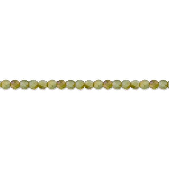 Czech Glass 4mm Round Faceted Sage Green Transparent Matte with Golden Green Luster Bead Strand by Raven's Journey