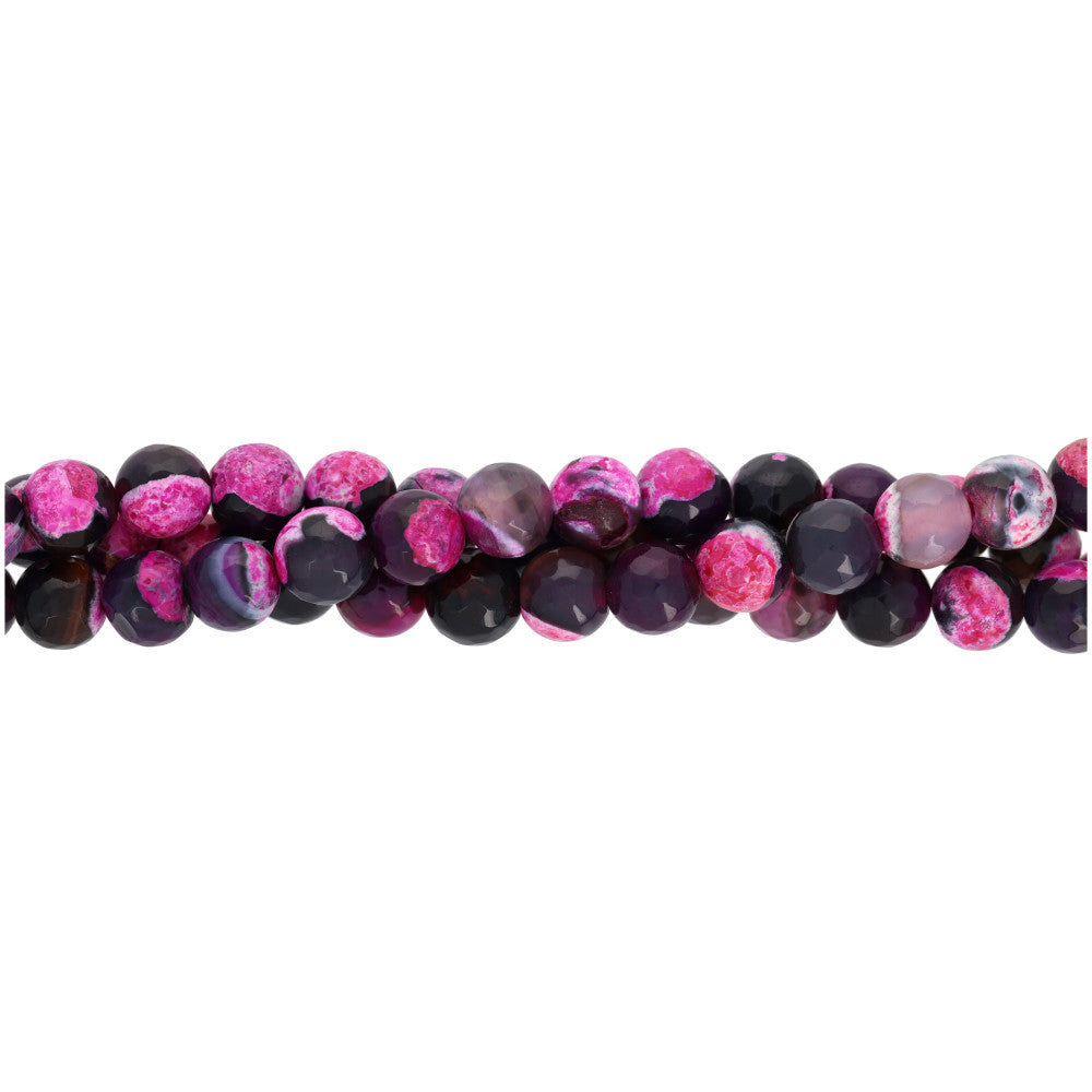 Gemstone Beads, Black/Fuchsia Fired Agate, 8mm Faceted Round, 1 Strand