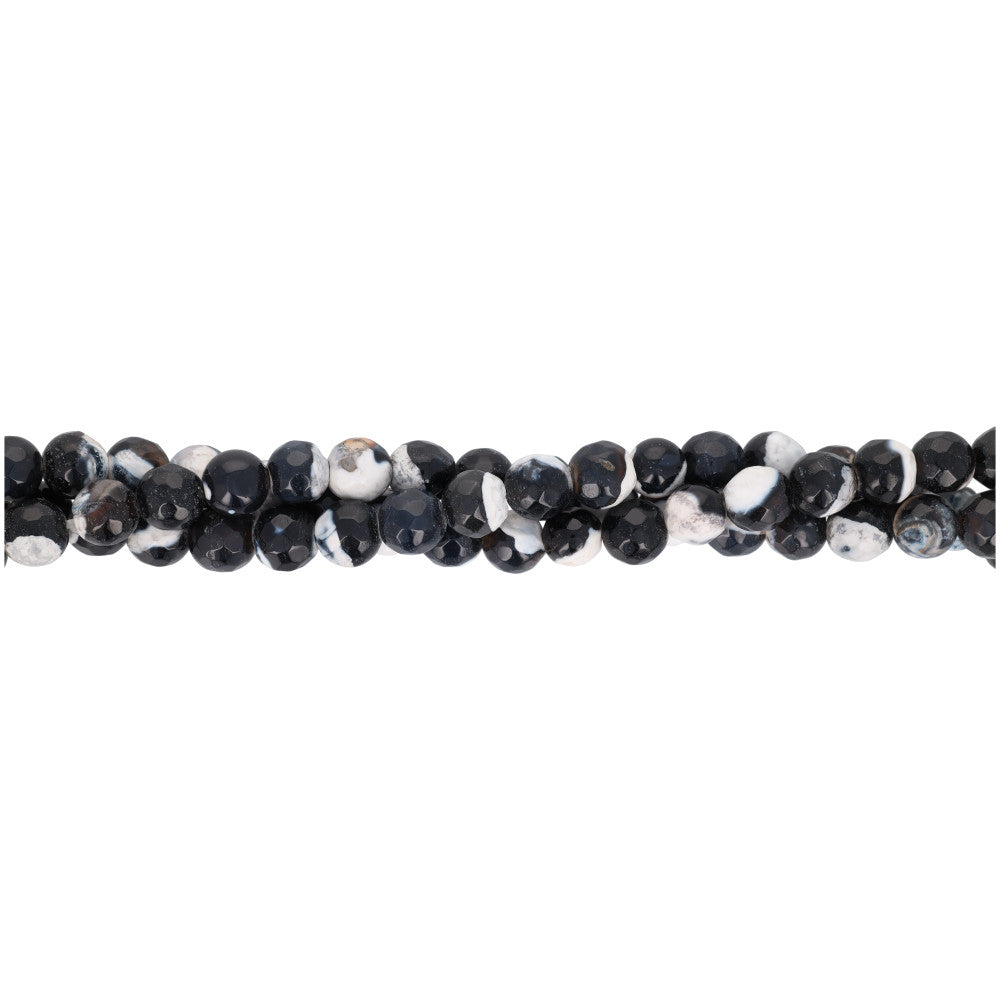 Gemstone Beads, Black/White Fired Agate, 6mm Faceted Round, 1 Strand