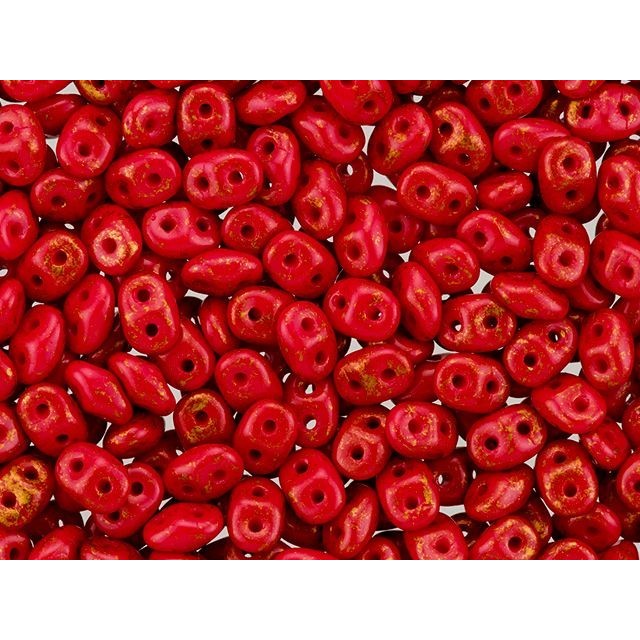 Czech Glass Matubo, 2-Hole SuperDuo Beads 2x5mm, Gold Marbled Opaque Red (2.5" Tube)