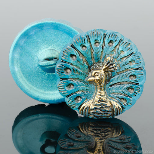 Czech Glass 18mm Round Peacock Aqua Antiqued with Gold Paint Button by Raven's Journey