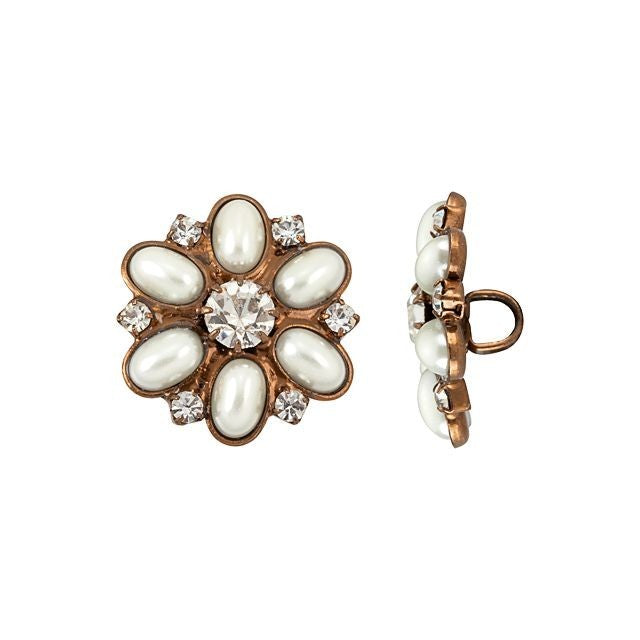 Button, Snowflake with Crystal Pearl Rhinestone 20x19mm, Antiqued Copper Plated (1 Piece)