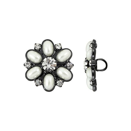 Button, Snowflake Crystal Pearl and Rhinestones 20mm, Black Plated (1 Piece)