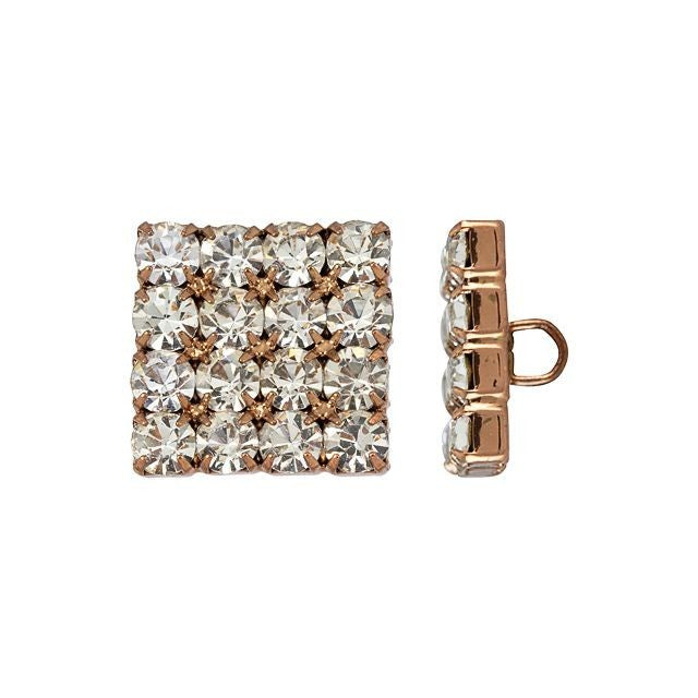 Crystal Button, Square with Crystal Rhinestones 18mm, Antiqued Copper (1 Piece)