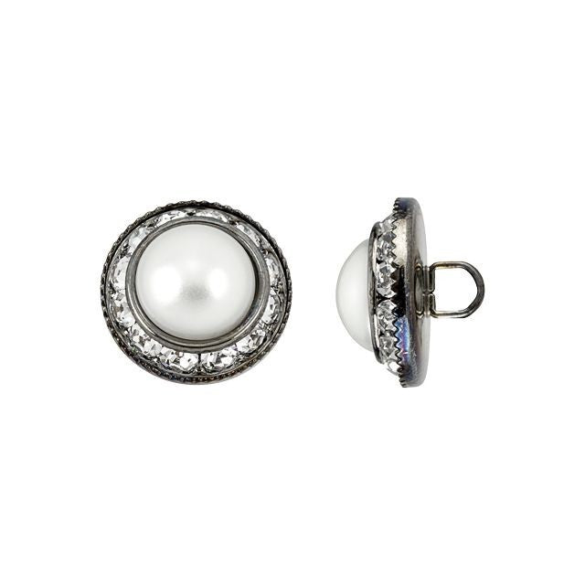 Button, Round Dome with Crystal Pearl and Rhinestones 16mm, Gunmetal Plated (1 Piece)