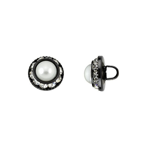 Button, Round Dome with Crystal Pearl and Rhinestones 12mm, Black Plated (1 Piece)