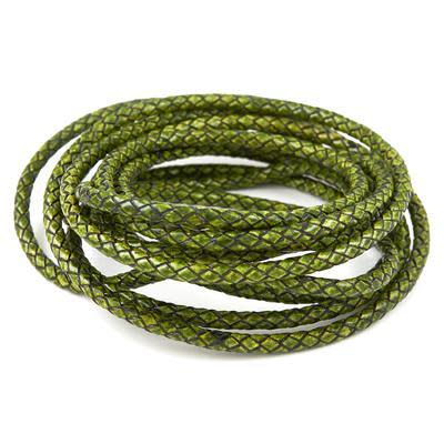 5mm Braided Distressed Green Round Leather Cord with Hollow Core by the Foot