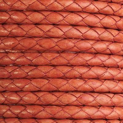 5mm Braided Distressed Orange Round Leather Cord with Hollow Core by the Foot