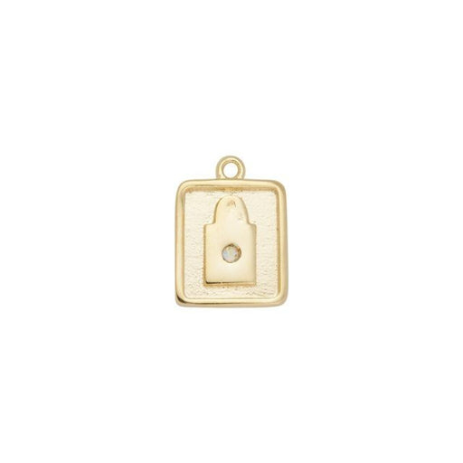 Charm, Square with Lock and Crystal AB Crystal 15x11mm, Gold Plated (1 Piece)