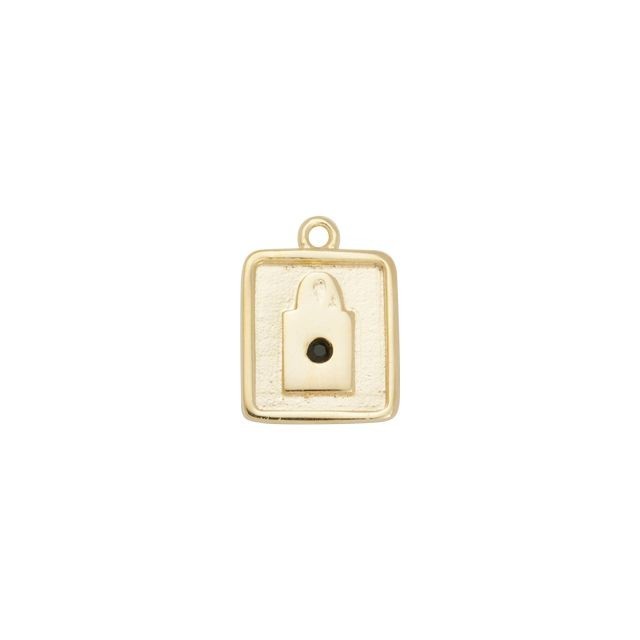 Charm, Square with Lock and Jet Black Crystal 15x11mm, Gold Plated (1 Piece)