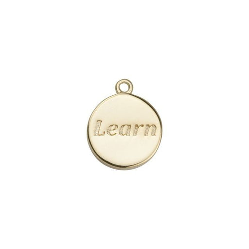 Charm, Round with Message "Learn" 17x14mm, Gold Plated (1 Piece)