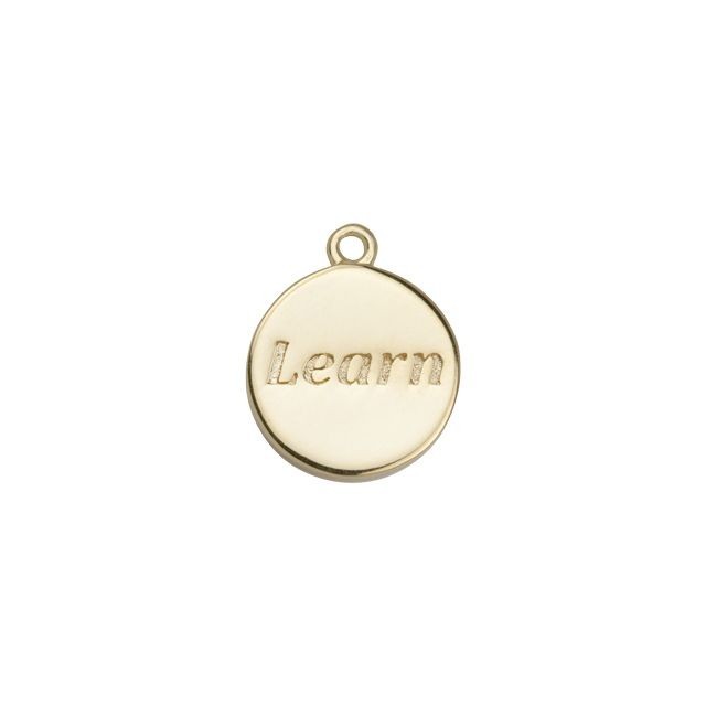 Charm, Round with Message "Learn" 17x14mm, Gold Plated (1 Piece)