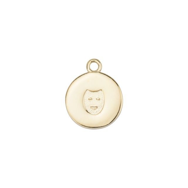 Charm, Round with Stamped Comedy Mask 16x13mm, Gold Plated (1 Piece)
