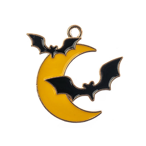 Sweet and Petite Enamel Charms, Crescent Moon with Flying Black Bats 25mm (1 Piece)