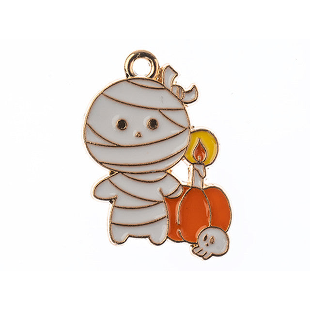 Sweet and Petite Enamel Charms, Mummy with Orange Pumpkin and Candle 25x18mm (1 Piece)