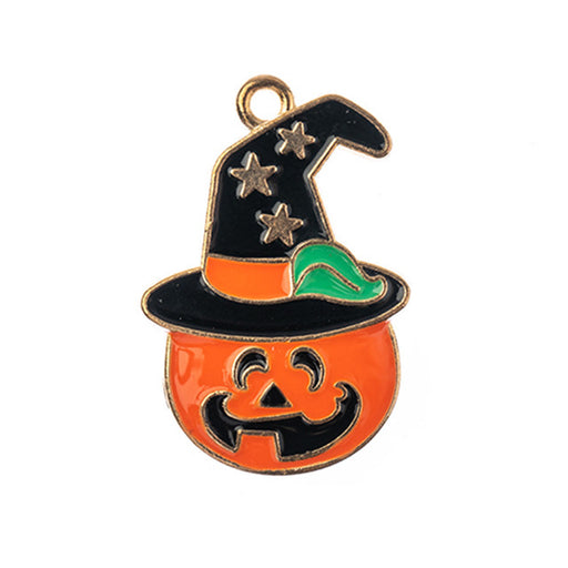 Sweet and Petite Enamel Charms, Jack-O-Lantern Pumpkin with Wizard Hat 30x25.5mm (1 Piece)