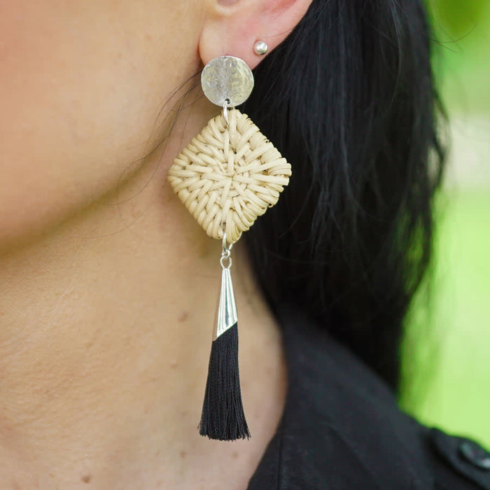 Handmade Woven Rattan Straw Diamond Pendant/Connector (1 Pair)