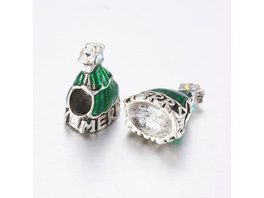 Antiqued Silver-Tone Green Enamel Christmas Tree Large-Hole Bead with Crystal AB 15x11mm (10 Pieces)