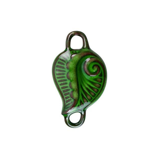 Link, Leaf with Swirl Pattern 33.5x19mm, Enameled Brass Emerald Green, by Gardanne Beads (1 Piece)
