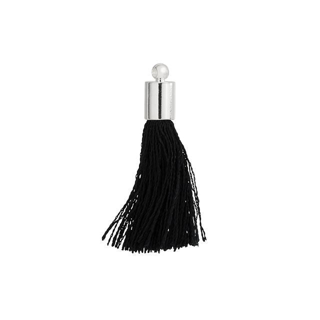 Silk Rayon Thread Pendant, Tassel with End Cap 30mm, Silver and Black (2 Pieces)