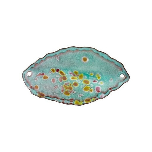 Link, Abstract Oval with Spots 41x23mm, Enameled Brass Teal Green with Stained Glass Design, by Gardanne Beads (1 Piece)