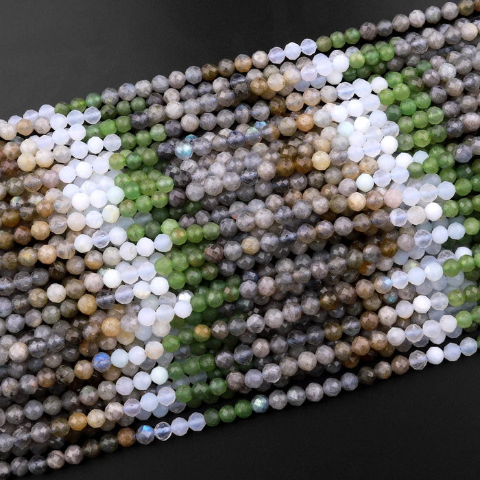 Natural Gemstone 4mm Micro-Faceted Round Bead Strand - Woodland Mist Mix