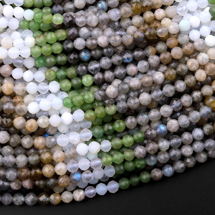 Natural Gemstone 4mm Micro-Faceted Round Bead Strand - Woodland Mist Mix