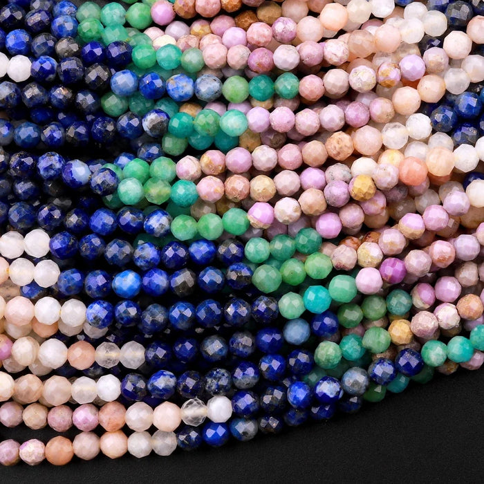 Natural Gemstone 3mm Micro-Faceted Round Bead Strand - Moonlit Garden Mix