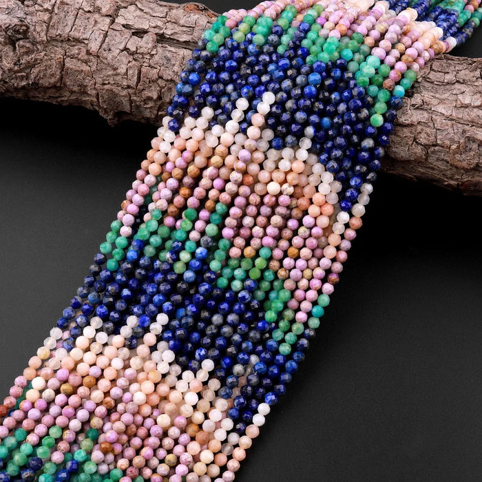 Natural Gemstone 3mm Micro-Faceted Round Bead Strand - Moonlit Garden Mix