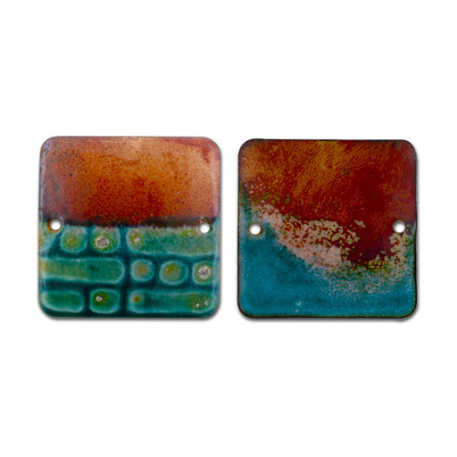 Link, Square with Oraganic Pattern 25.5mm, Enameled Brass Teal Blue/Autumn Red, by Gardanne Beads (1 Piece)