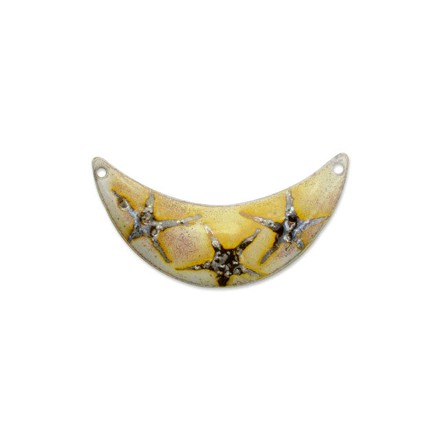 Pendant, Crescent with Stars 47x23mm , Enameled Brass Yellow with Silver, by Gardanne Beads (1 Piece)