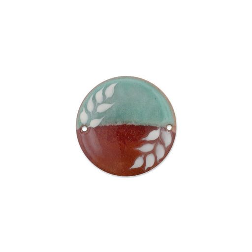 Link, Round with Leaf Pattern 36mm, Enameled Brass Peppermint Green/Autumn Red, by Gardanne Beads (1 Piece)