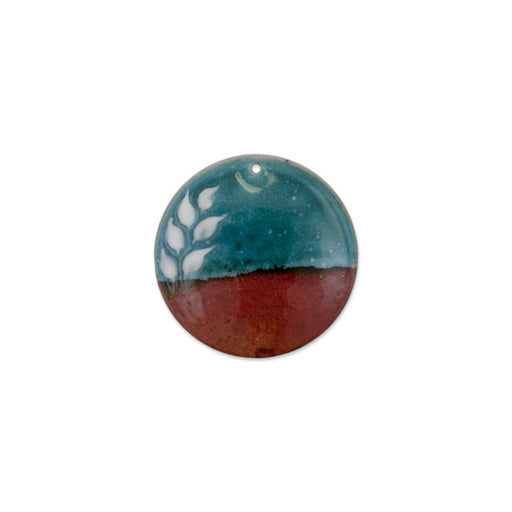 Pendant, Round with Horizon Leaf Pattern 32mm, Enameled Brass Teal Color Block, by Gardanne Beads (1 Piece)