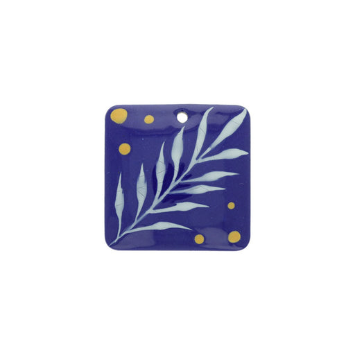 Pendant, Square with Botanical Pattern 30mm, Enameled Brass Cobalt Blue, by Gardanne Beads (1 Piece)