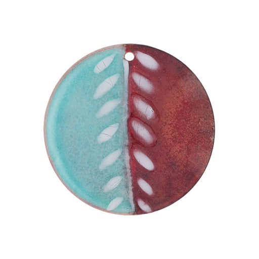 Pendant, Round with Trellis Pattern 32mm, Enameled Brass Peppermint Green/Copper Red, by Gardanne Beads (1 Piece)