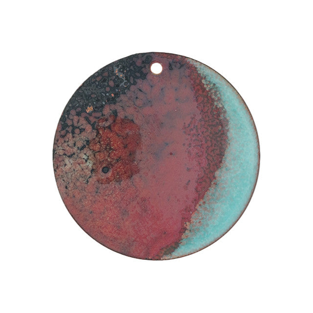 Pendant, Round with Trellis Pattern 32mm, Enameled Brass Peppermint Green/Copper Red, by Gardanne Beads (1 Piece)