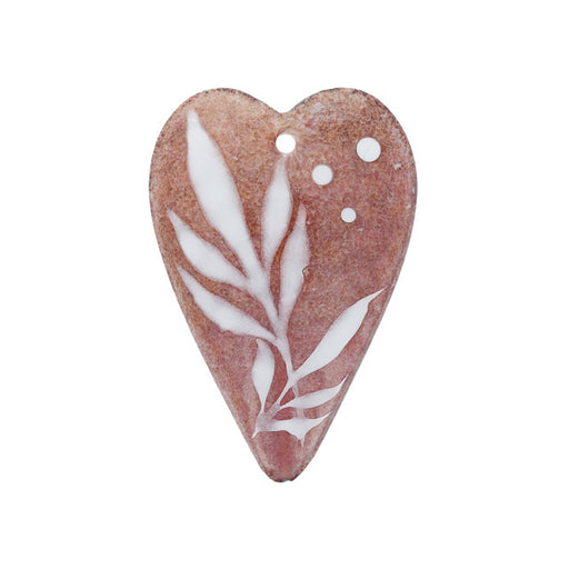 Pendant, Heart with Botanical Accents 39x25mm, Enameled Brass Peach Pink, by Gardanne Beads (1 Piece)