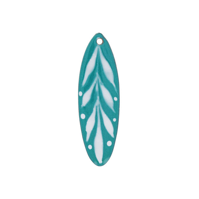 Pendant, Elongated Oval with Leaf Pattern 45x14.5mm, Enameled Brass Spruce Blue, by Gardanne Beads (1 Piece)