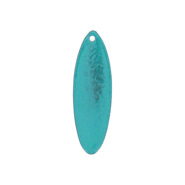 Pendant, Elongated Oval with Leaf Pattern 45x14.5mm, Enameled Brass Spruce Blue, by Gardanne Beads (1 Piece)