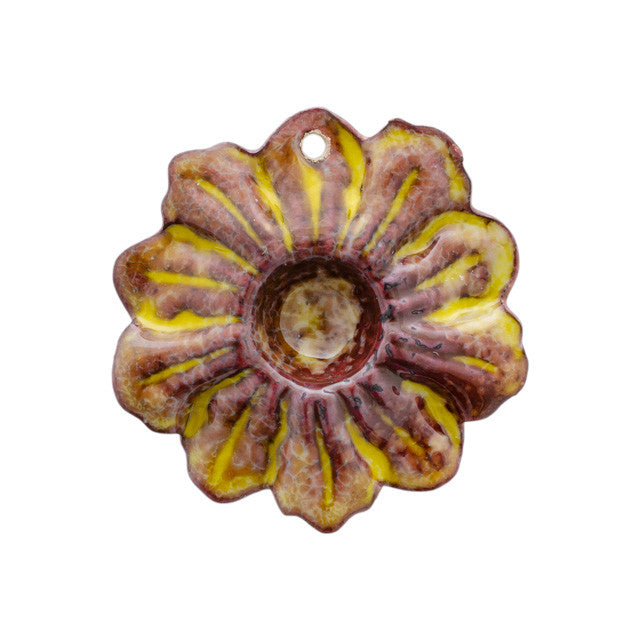 Pendant, Daisy Flower 28mm, Enameled Brass Goldenrod Yellow, by Gardanne Beads (1 Piece)